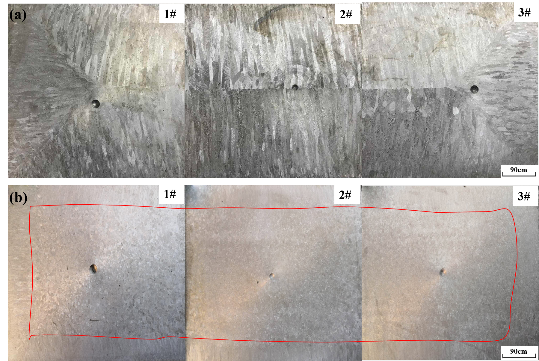 Cross-section of the as-cast macrostructure of the strand (a) without IN-ROLL EMS and (b) with two pairs of rollers used in IN-ROLL EMS (at 400 A and 7 Hz)