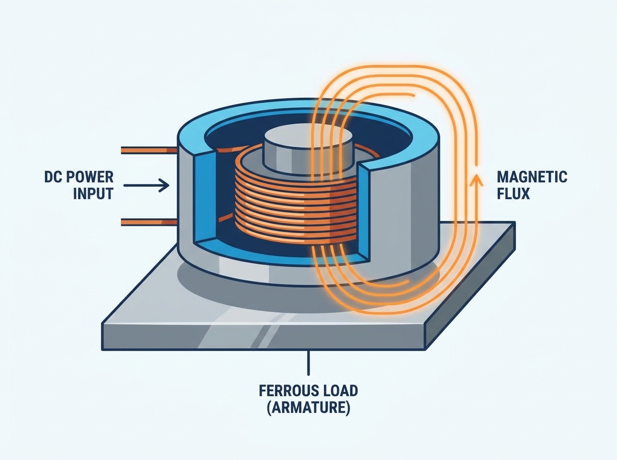 Industrial lifting electromagnet handling heavy steel loads in a factory setting